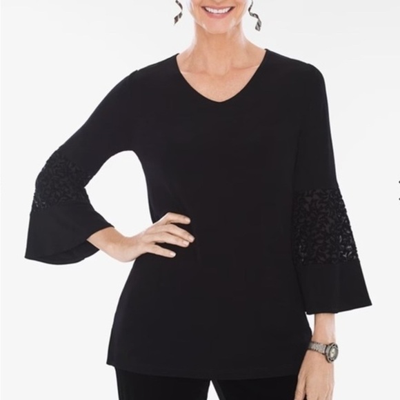 Chicos Travelers‎ size 3 (US 16/18) Tunic Velvet Bell Sleeves Slinky Black - Picture 1 of 14